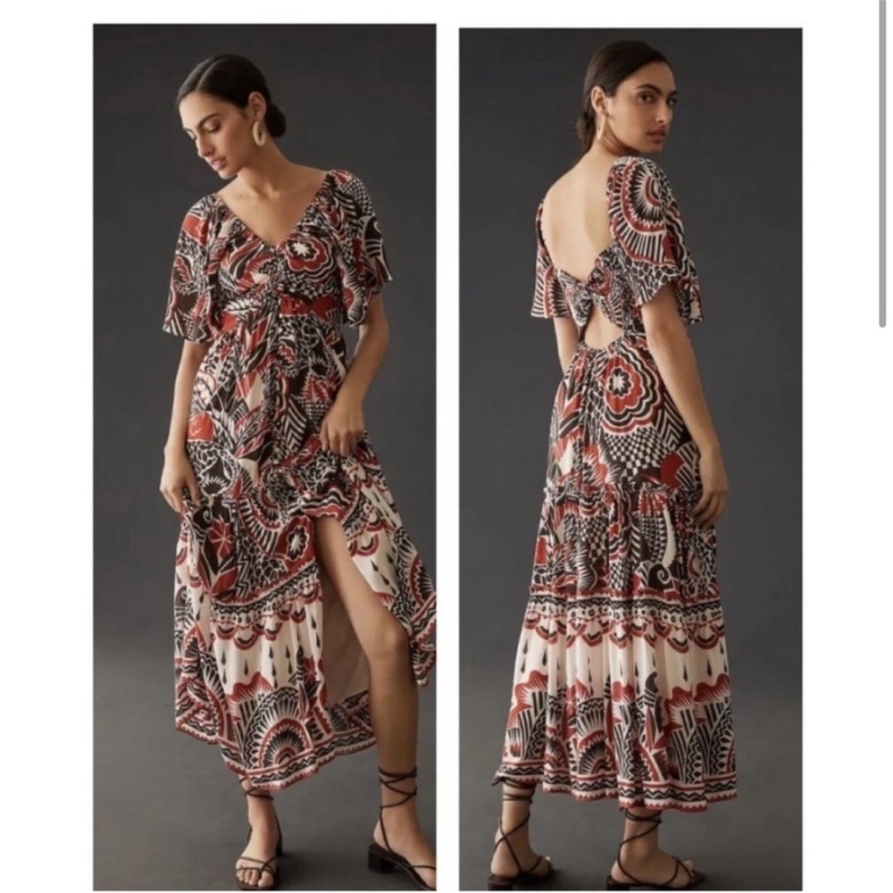by Anthropologie Tiered Maxi Dress-Cream, Rust & Brown Bohemian Print small NWT